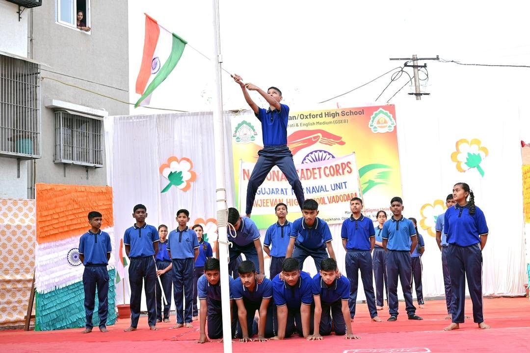 NCC cadets performing a human pyramid on Annual Day